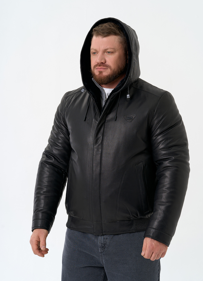 Мужской пуховик из натуральной кожи с капюшоном модель № 32051 универмаг малина