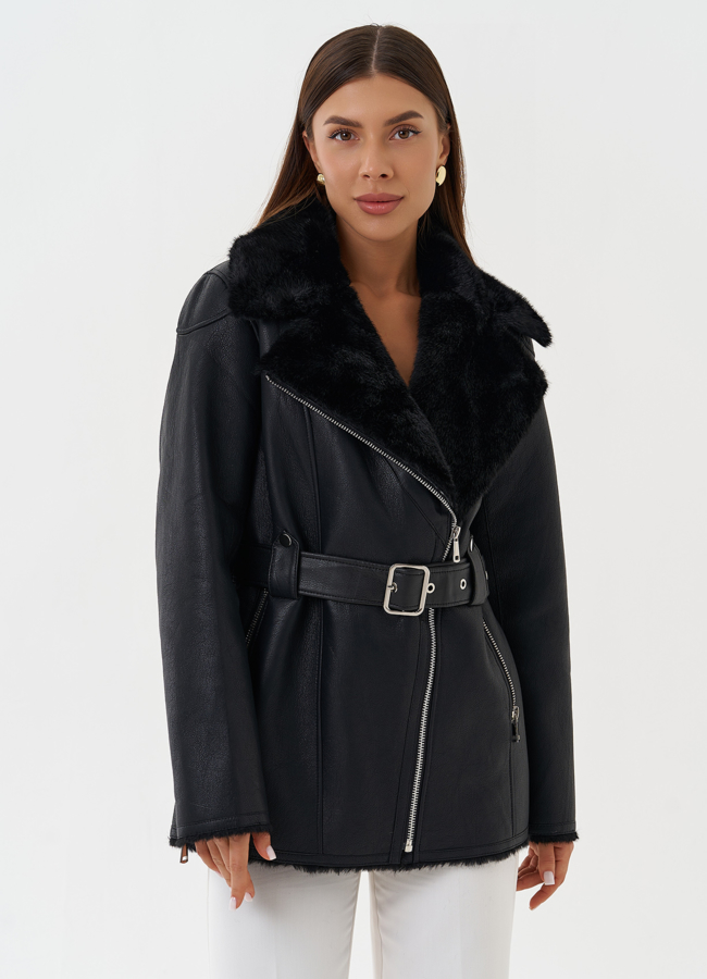 Эко дубленка с английским воротником модель № 27758 в рассрочку