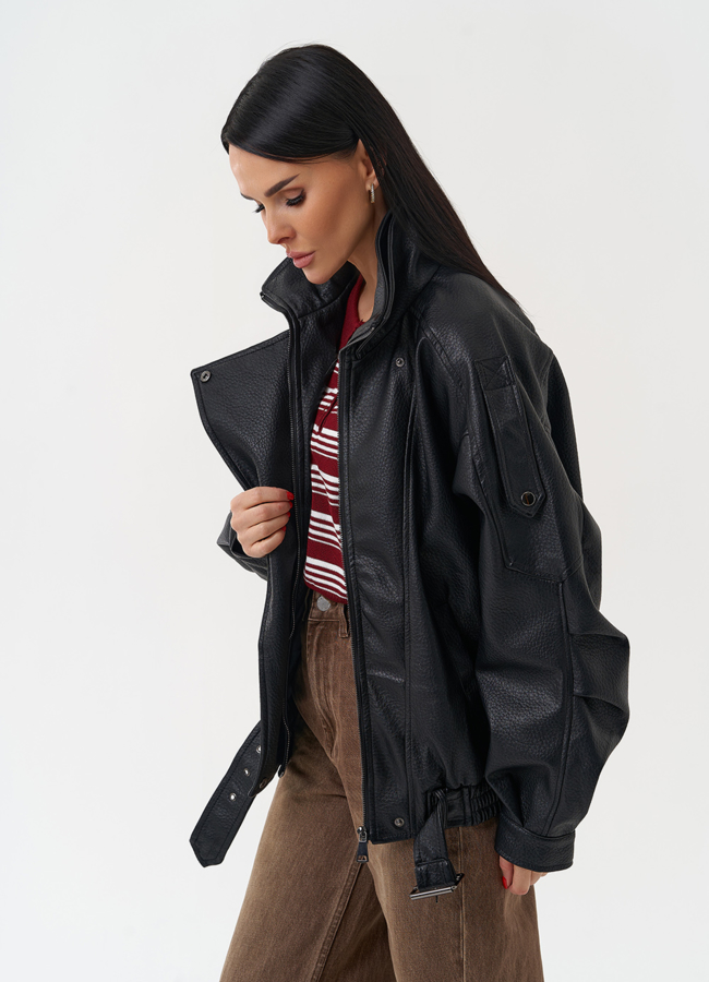 Куртка бомбер из эко кожи черного цвета модель № 30445 в рассрочку