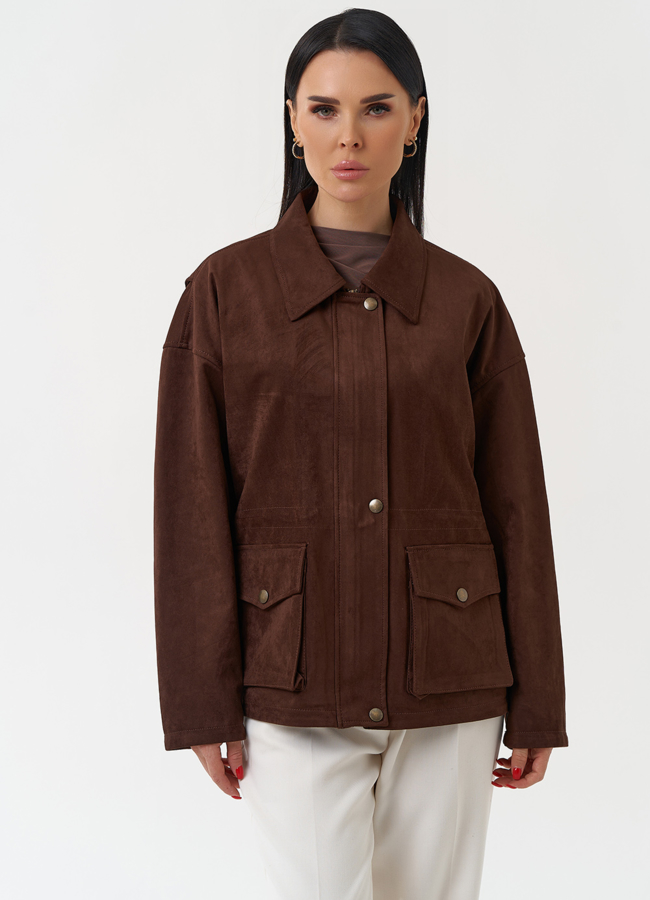 Женская парка из эко замши коричневого цвета модель № 30442 меха малина