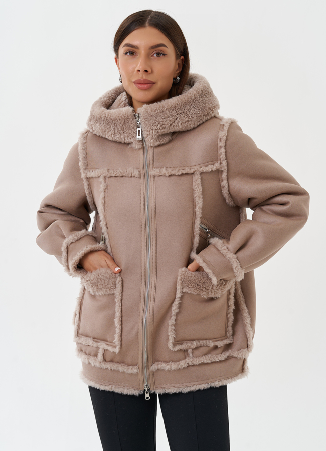 фото Двухсторонняя эко дубленка с капюшоном модель № 28649