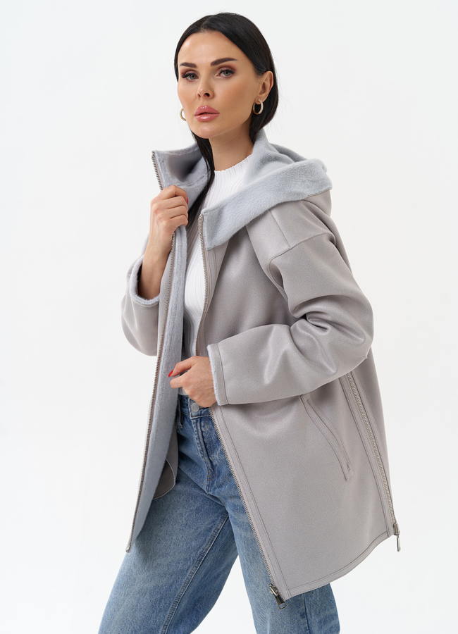 фото Двухсторонняя дубленка из эко замши с капюшоном модель № 29986