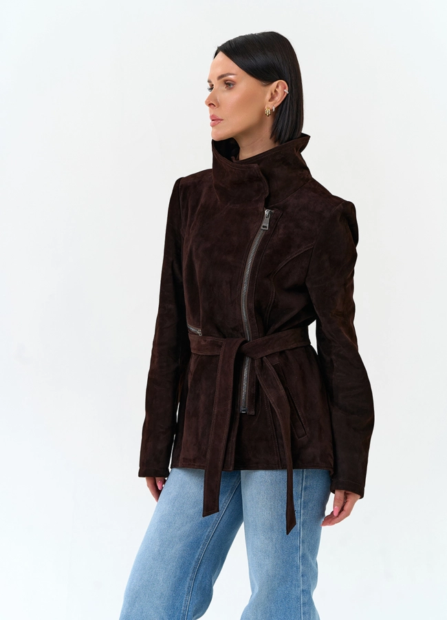 Женская куртка из натуральной замши с поясом модель № 33141 универмаг малина
