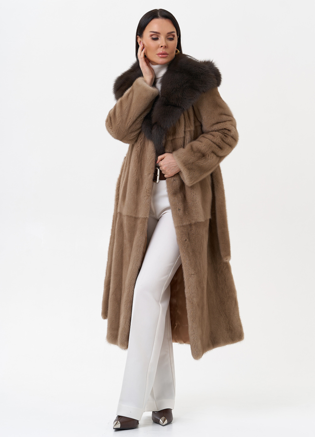 Длинная шуба из норки с куницей модель № 29531 универмаг малина