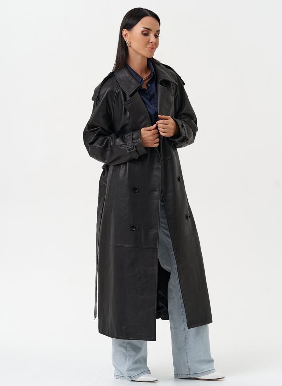 Длинный плащ из натуральной кожи черного цвета