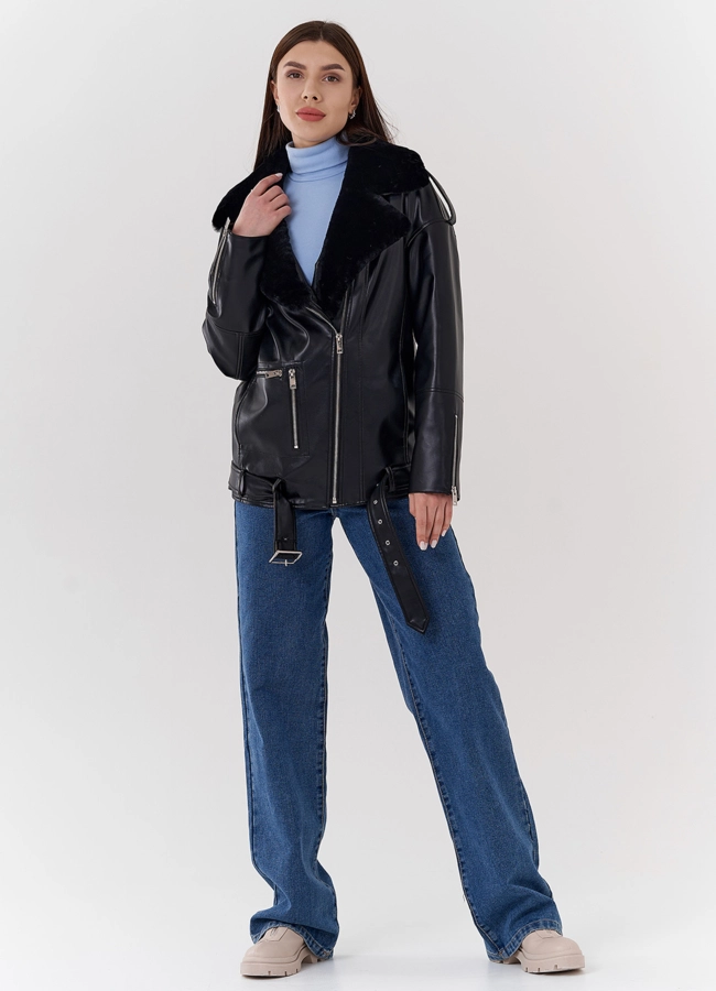 фото Куртка-косуха из эко кожи на утеплителе с натуральным мутоном модель № 24213