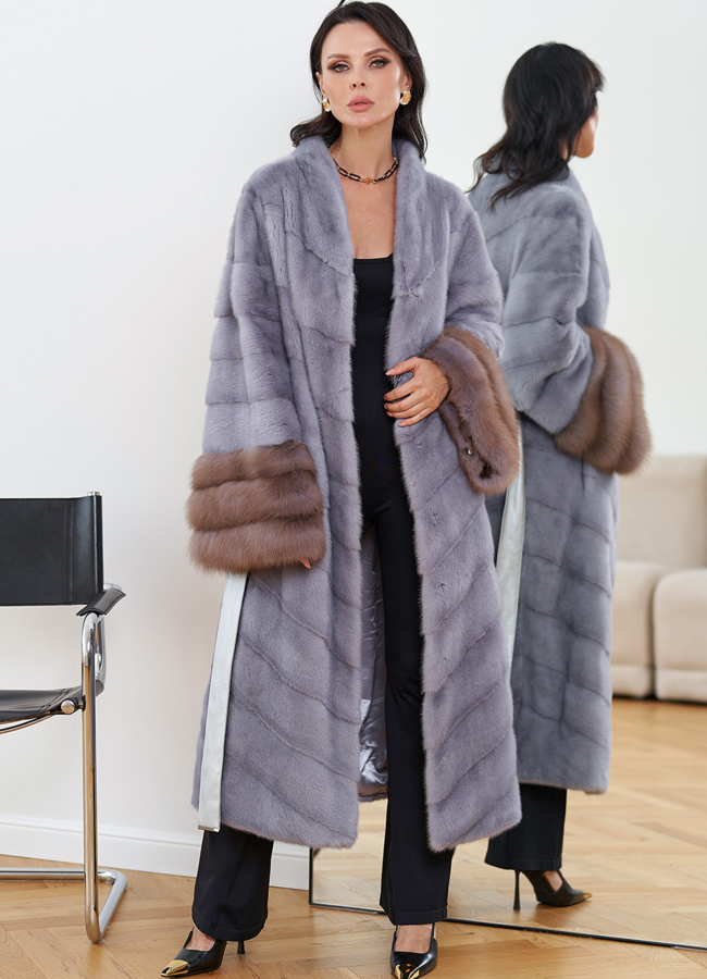 Женская шуба из меха норки с отделкой из меха куницы модель № 30678 универмаг малина