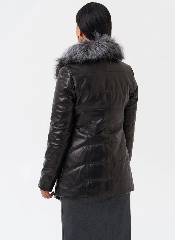 Кожаный пуховик с мехом из чернобурки