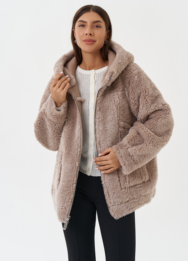 Двухсторонняя эко дубленка с капюшоном модель № 28649 универмаг малина