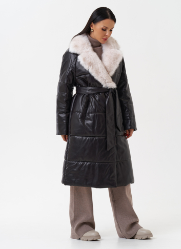 Пуховик из эко кожи с английским воротником