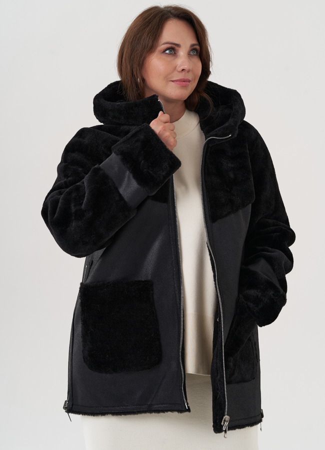 Женская дубленка с капюшоном  модель № 25402 универмаг малина