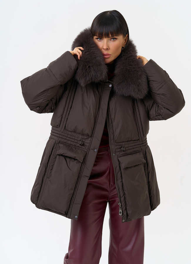 Женский пуховик с капюшоном из меха песца модель № 31615 меха малина