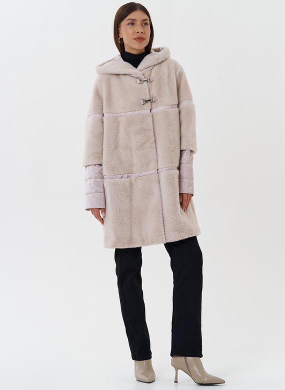 Комбинированное пальто из эко меха с капюшоном