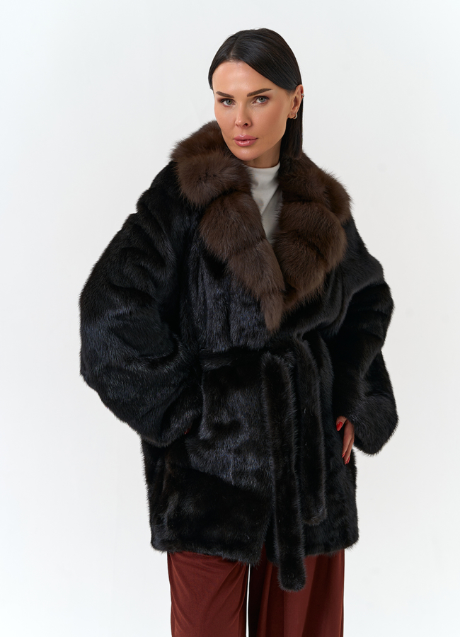 Шуба из меха норки с воротником из меха куницы модель № 32134 меха малина