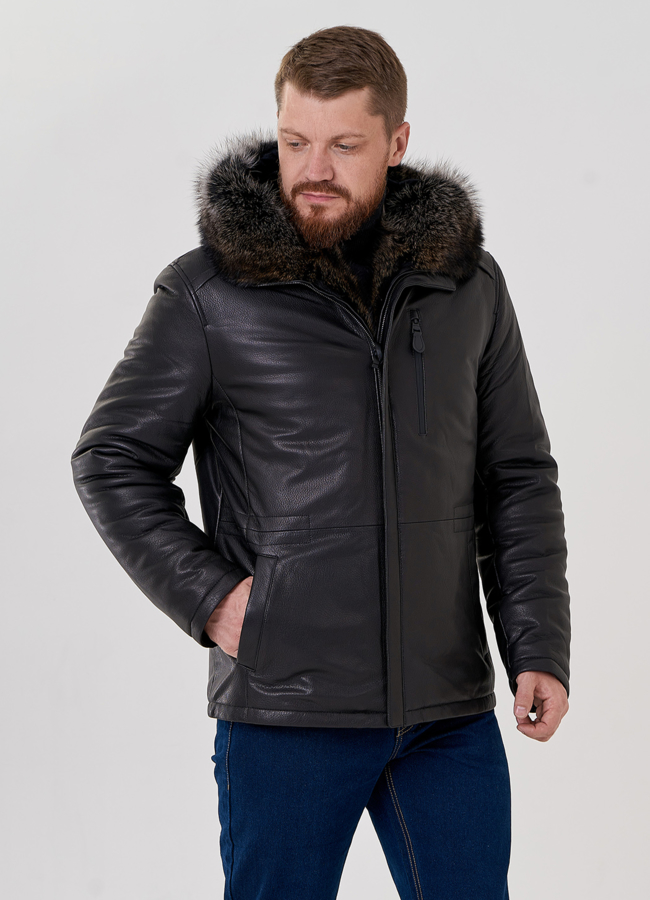 Мужской пуховик из натуральной кожи с мехом модель № 79173 универмаг малина