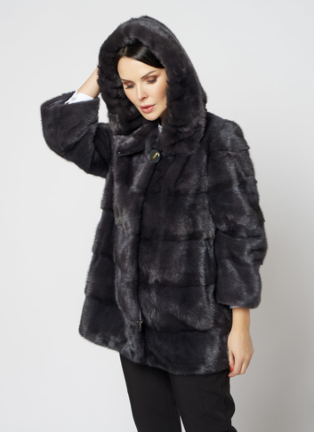 Норковая шуба в цвете графит с капюшоном 