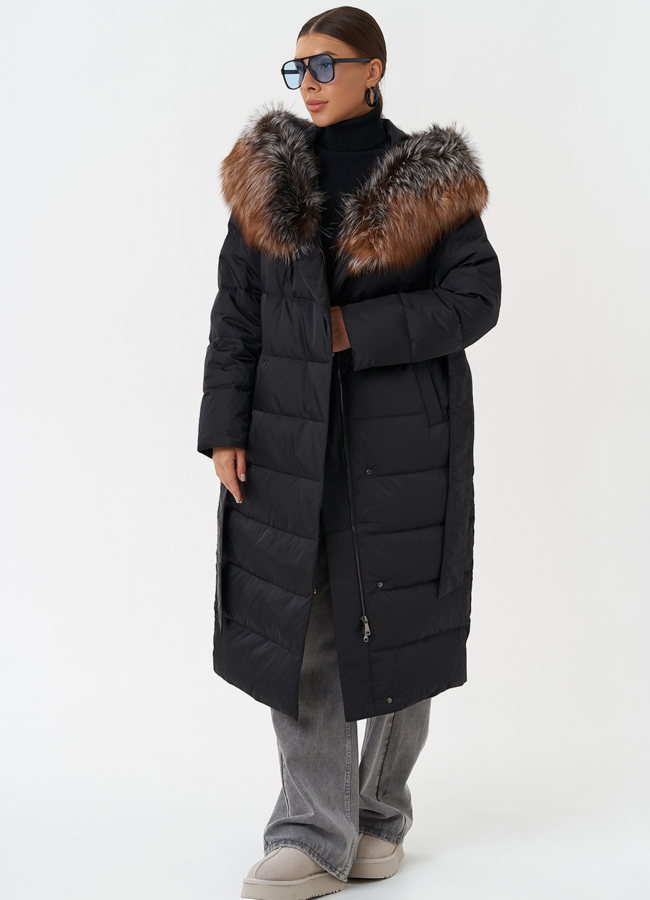 Пуховик с капюшоном из меха чернобурки модель № 28859 меха малина