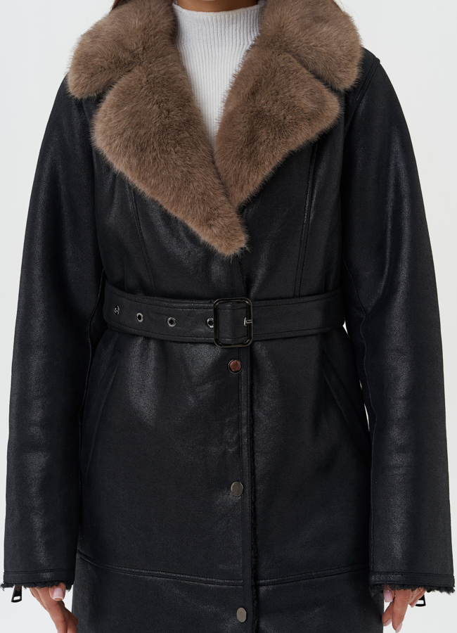 Длинная дубленка из эко кожи с английским воротником модель № 27780 в рассрочку