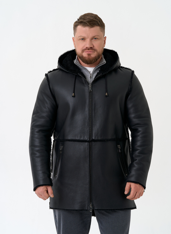 Мужская натуральная дубленка с капюшоном