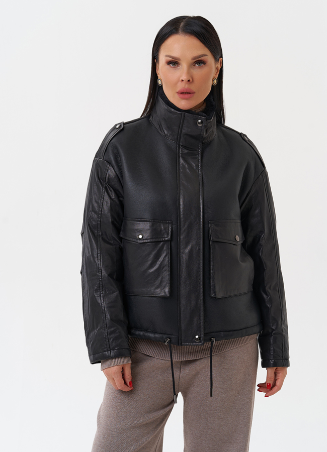 Утепленная куртка из натуральной кожи модель № 28582 меха малина