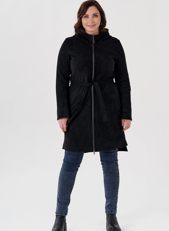 Полупальто из эко замши на утеплителе с капюшоном