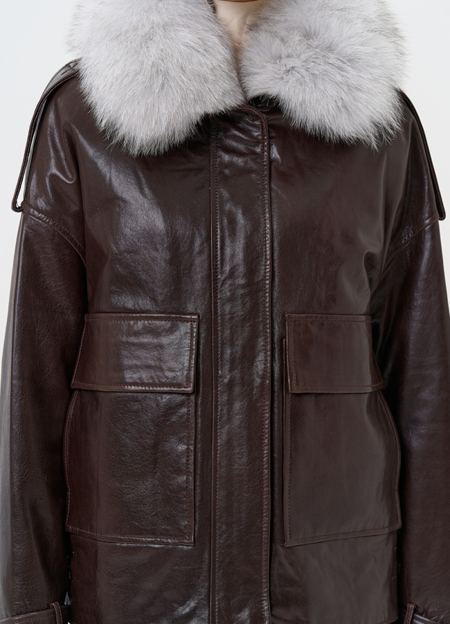 Короткий пуховик из натуральной кожи модель № 6382 в рассрочку