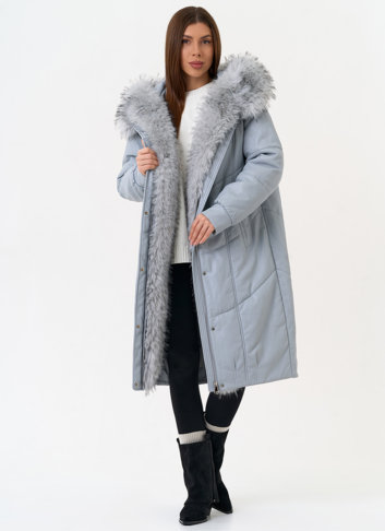 Женский пуховик из эко кожи с отделкой из эко меха