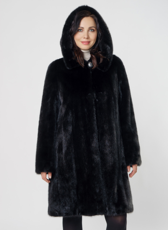 Черная норковая шуба с капюшоном