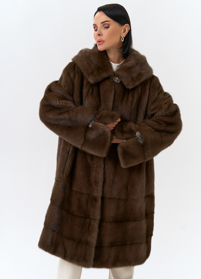 фото Шуба из меха норки с капюшоном модель № 28983