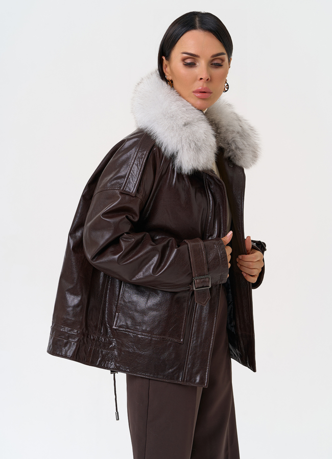 Короткий пуховик из натуральной кожи модель № 6382 универмаг малина