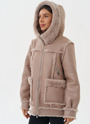 Двухсторонняя эко дубленка с капюшоном