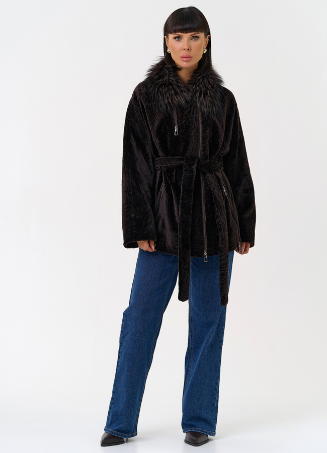 Дубленка натуральная с воротником из меха лисы модель № 31624 универмаг малина