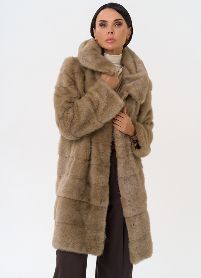 Поперечная норковая шуба с капюшоном модель № 31331 универмаг малина