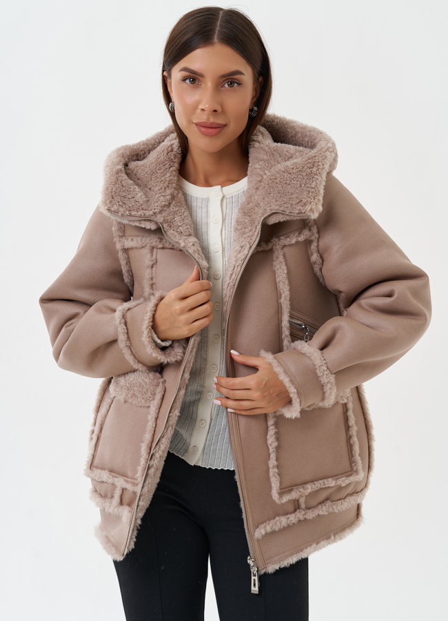 Двухсторонняя эко дубленка с капюшоном модель № 28649 универмаг малина