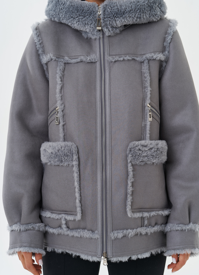 Женская двухсторонняя дубленка из эко кожи модель № 28650 универмаг малина