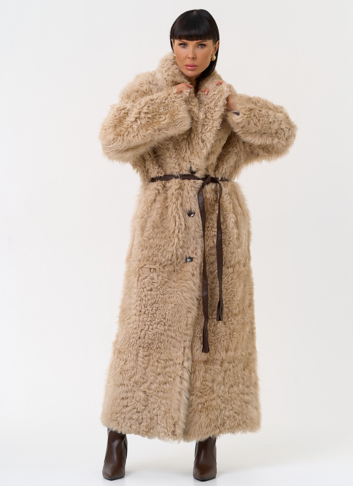 Женская двухсторонняя дубленка с декоративным поясом