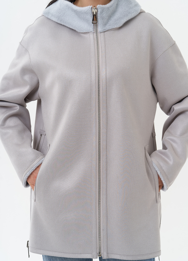 Двухсторонняя дубленка из эко замши с капюшоном модель № 29986 универмаг малина