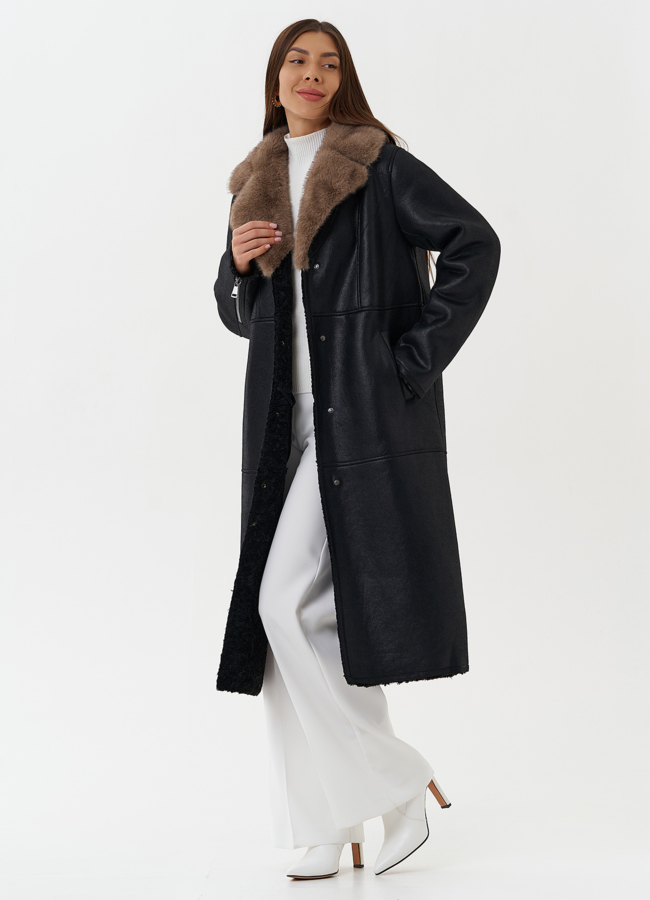 Длинная дубленка из эко кожи с английским воротником модель № 27780 универмаг малина