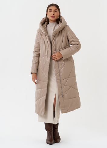 Женский пуховик из эко кожи с поясом