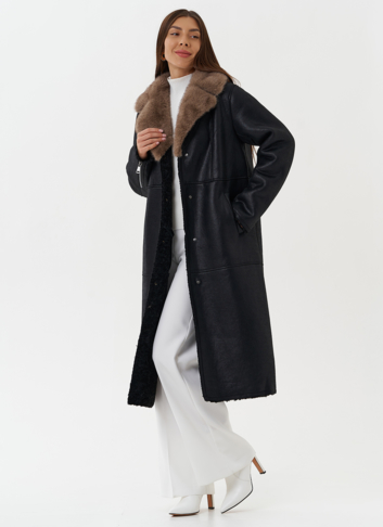 Длинная дубленка из эко кожи с английским воротником