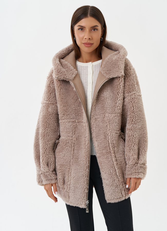 Двухсторонняя эко дубленка с капюшоном модель № 28651 универмаг малина