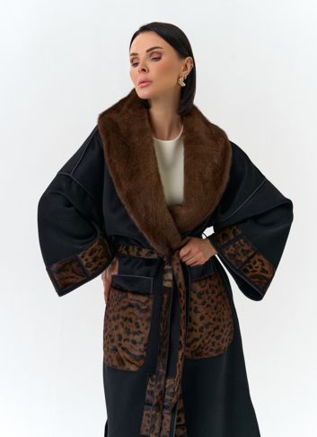 Женское длинное пальто с воротником из меха норки