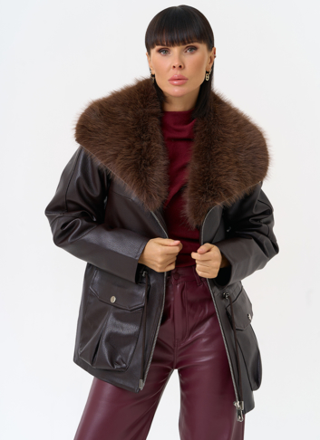 Удлиненная куртка из эко кожи с воротником из эко меха