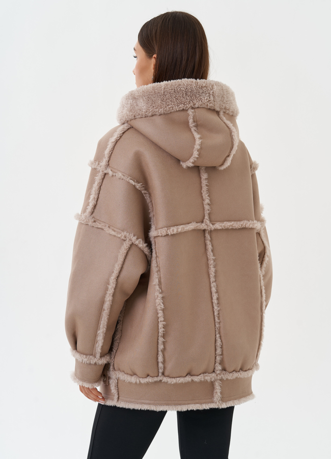 Двухсторонняя эко дубленка с капюшоном модель № 28651 универмаг малина