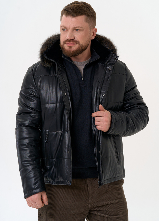 Пуховик из эко кожи с капюшоном из меха енота модель № 31720 меха малина