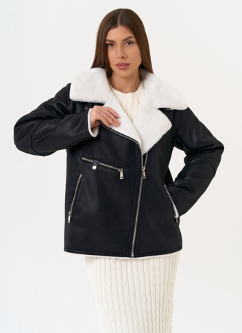 Женская дубленка из эко замши черного цвета