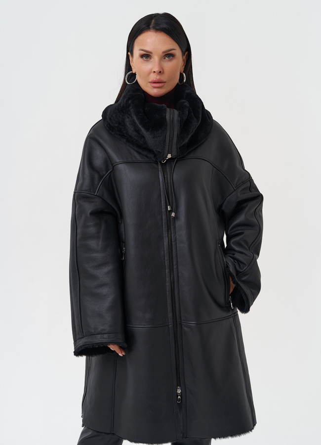 Натуральная дубленка модель № 28693 меха малина