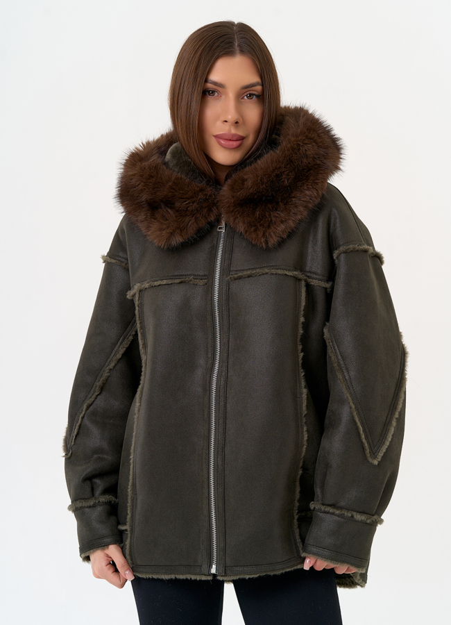 Женская дубленка из эко замши с капюшоном из эко меха модель № 31508 универмаг малина