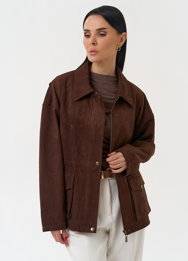 Женская парка из эко замши коричневого цвета модель № 30442 в кредит