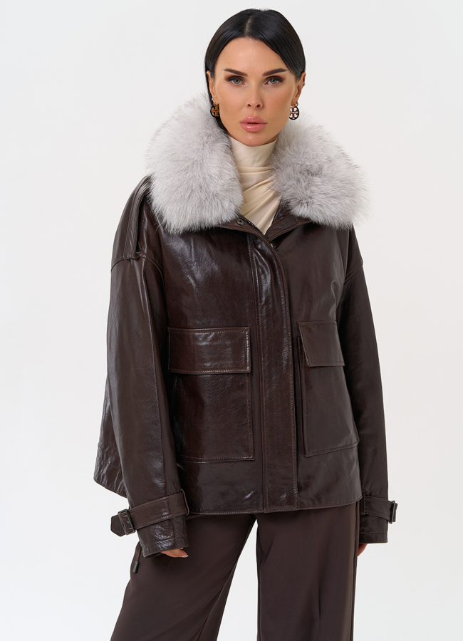 Короткий пуховик из натуральной кожи модель № 6382 меха малина